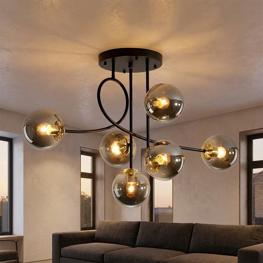 Lenore black chandelier with smoke grey globes in a contemporary living room