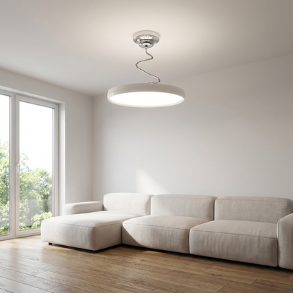Vireo white disc semi flush ceiling light in a modern living room