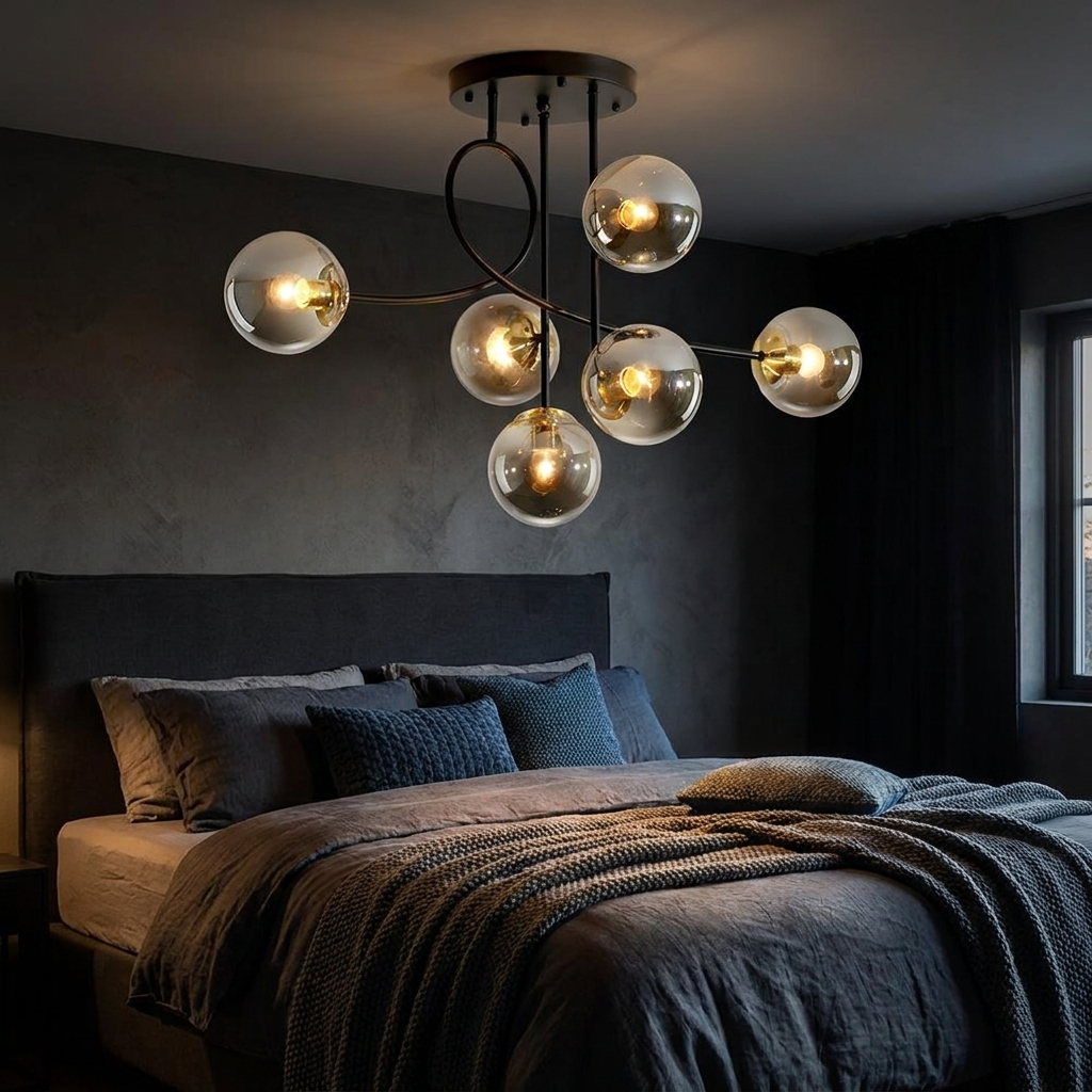 Lenore black chandelier with smoke grey globes in a moody bedroom
