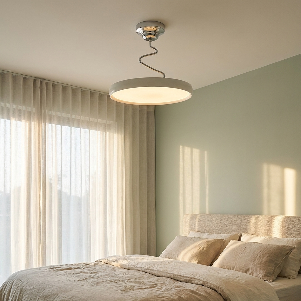 Vireo white disc semi flush ceiling light in a calm bedroom