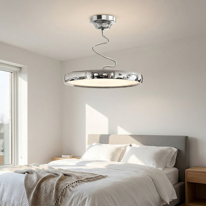 Vireo polished chrome disc semi flush ceiling light in a modern bedroom