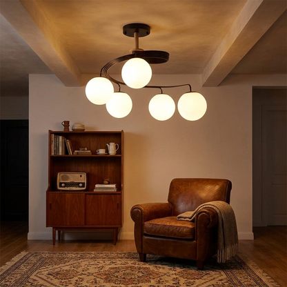 Verdon black spiral glass globe ceiling light in a warm retro living room