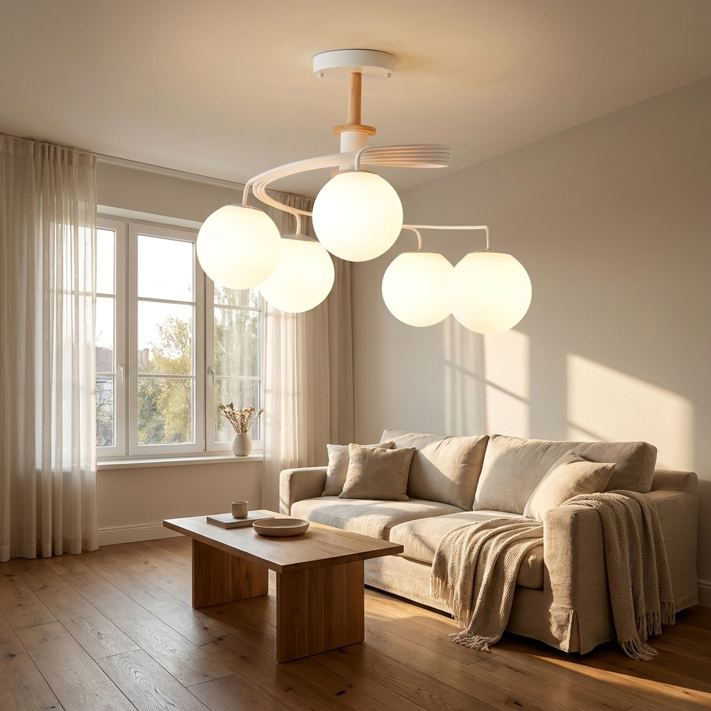 Verdon white spiral glass globe ceiling light in a Nordic retro living room
