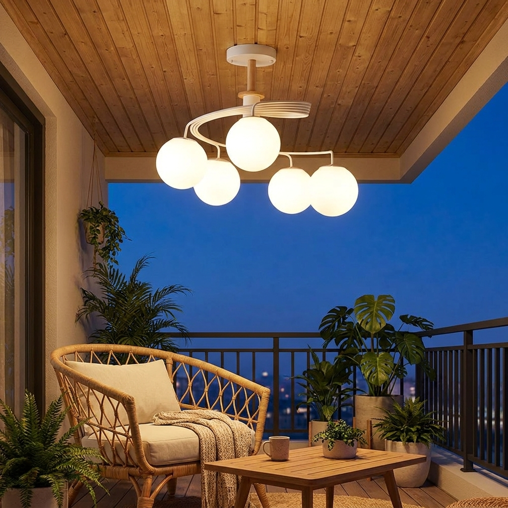 Verdon white spiral glass globe ceiling light on a covered balcony