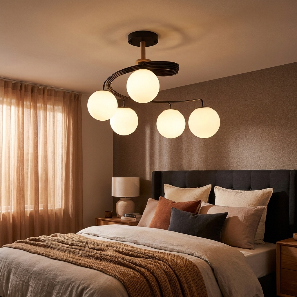 Verdon black spiral glass globe ceiling light in a cosy bedroom