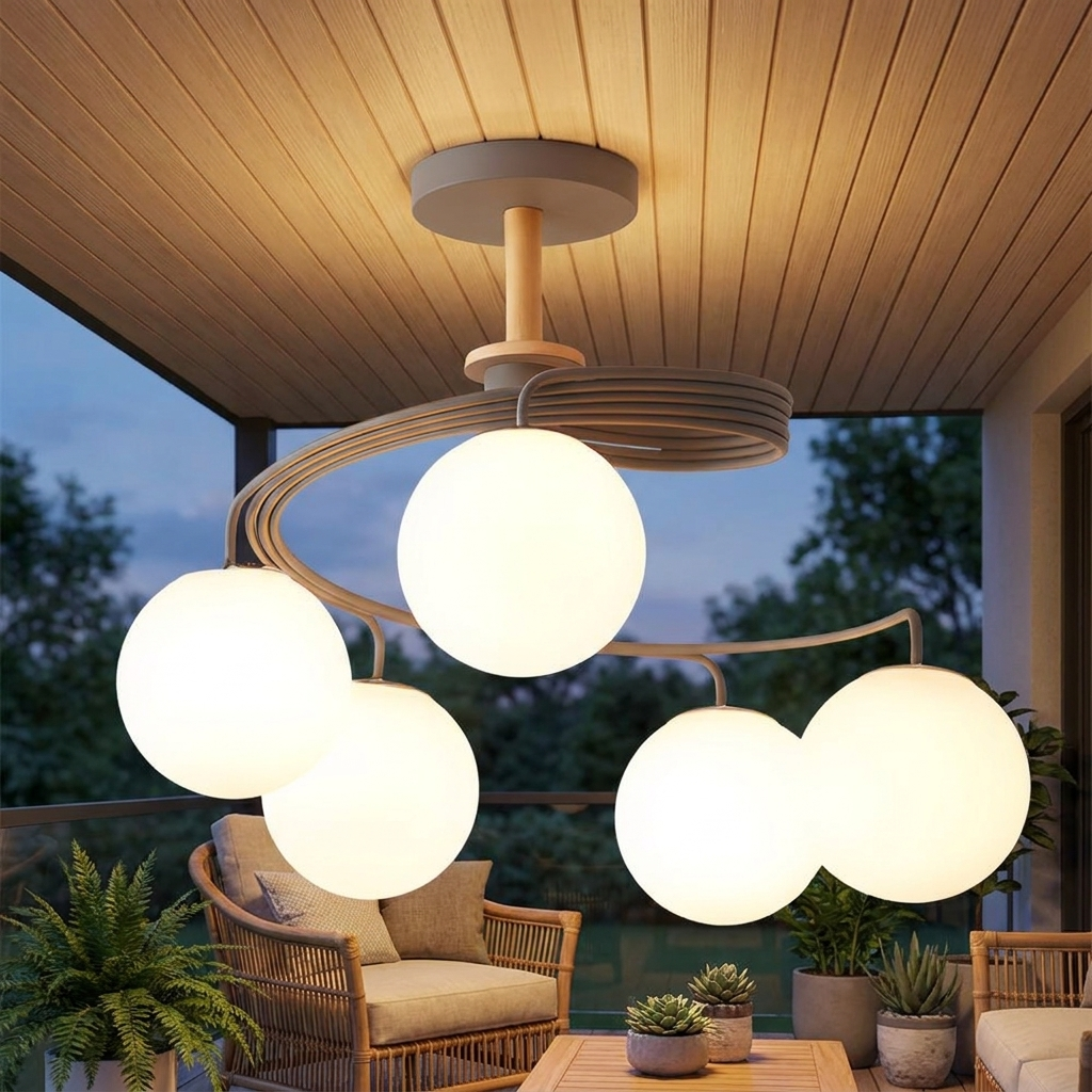 Verdon grey spiral glass globe ceiling light on a covered balcony