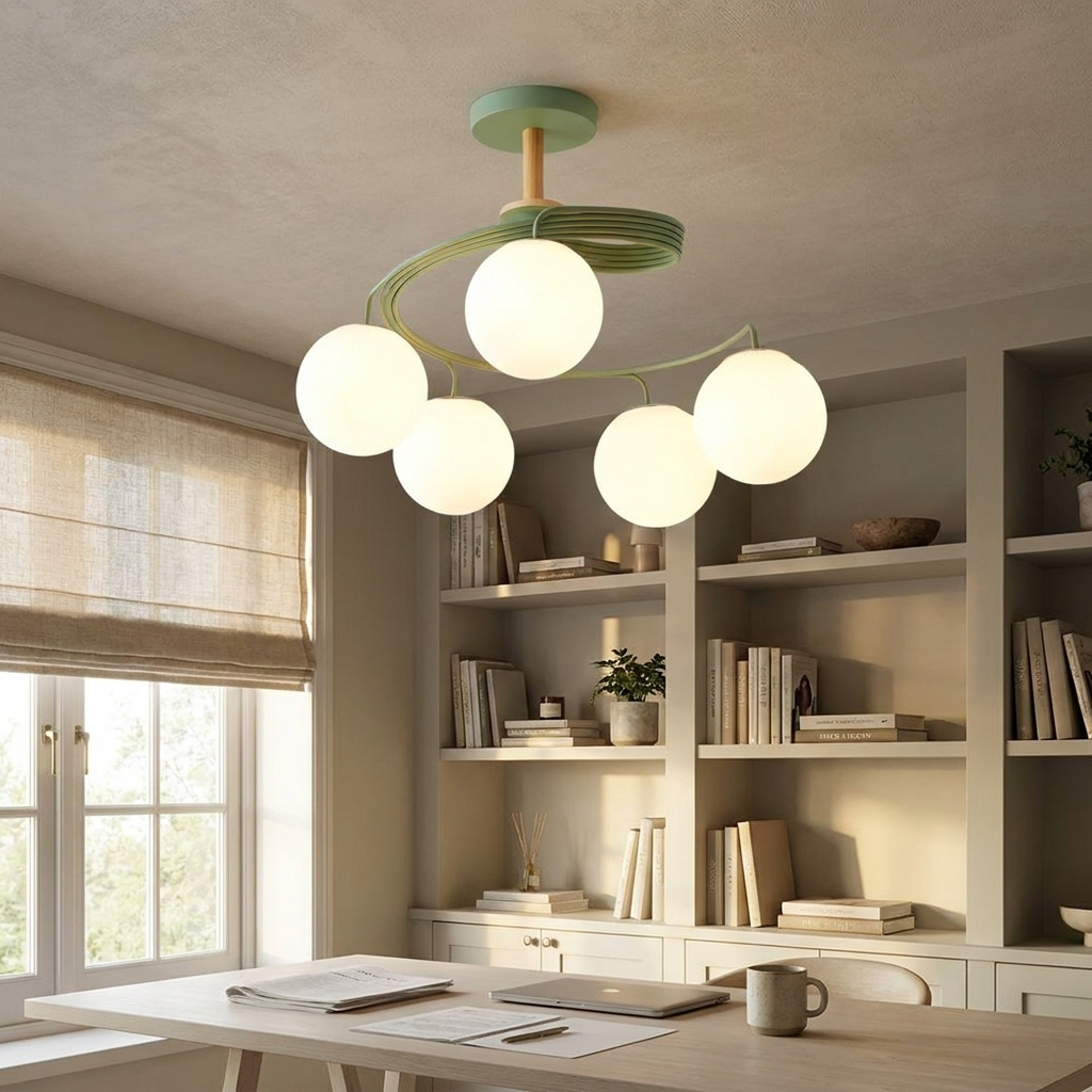 Verdon green spiral glass globe ceiling light in a calm study