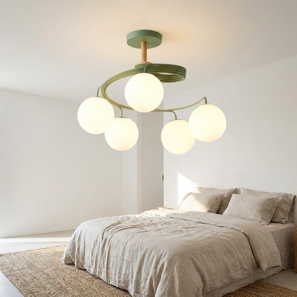 Verdon green spiral glass globe ceiling light in a bright bedroom