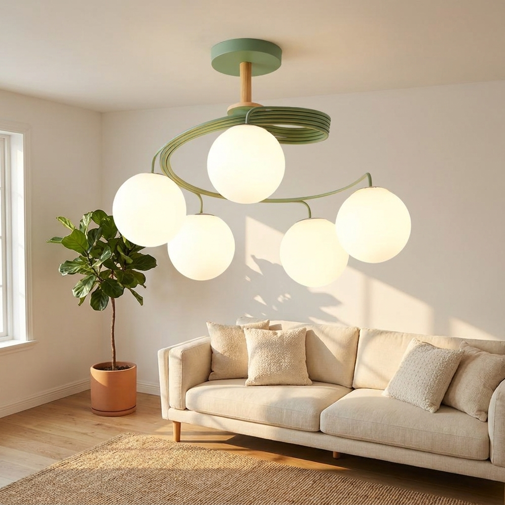 Verdon green spiral glass globe ceiling light in a retro Nordic living room
