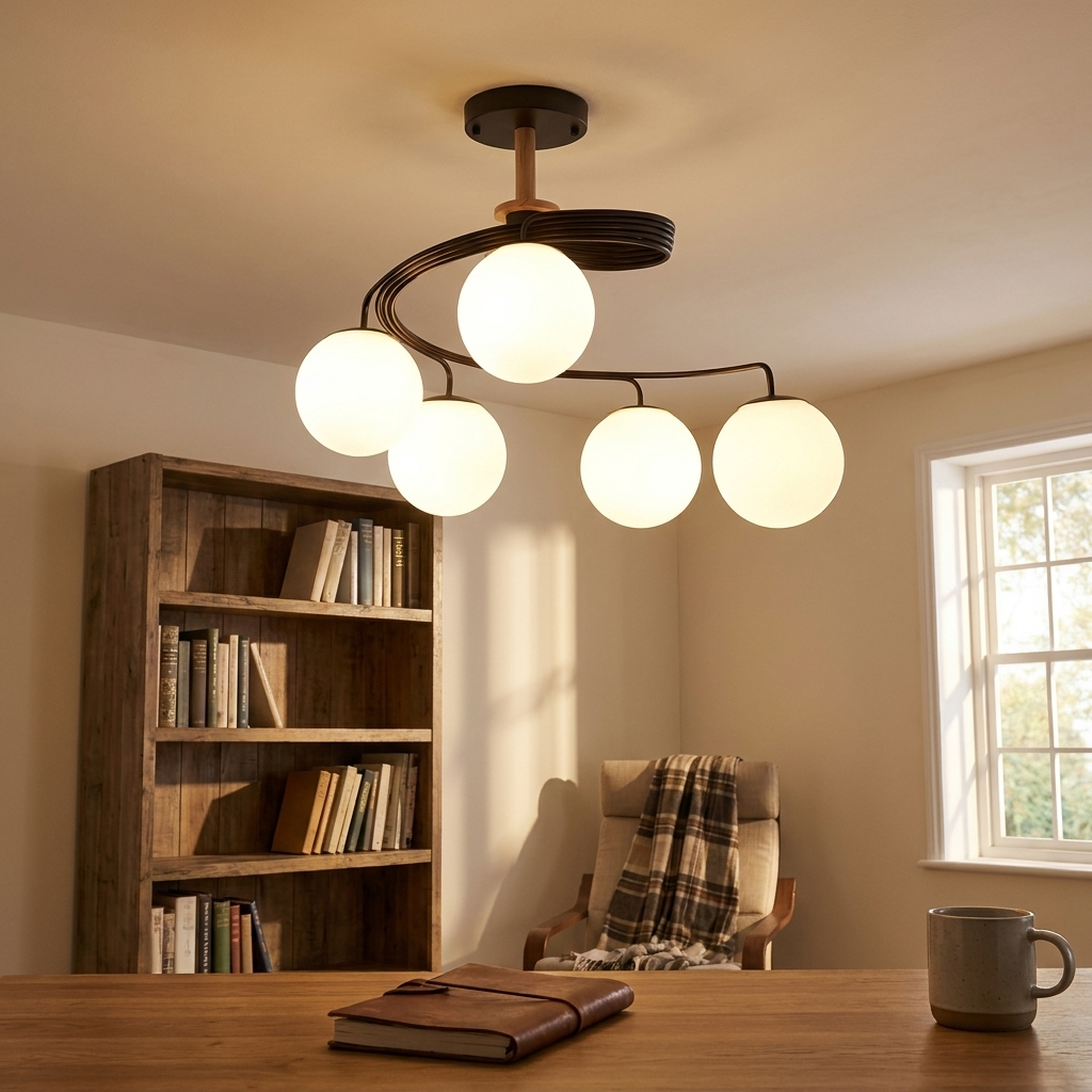 Verdon black spiral glass globe ceiling light in a quiet study