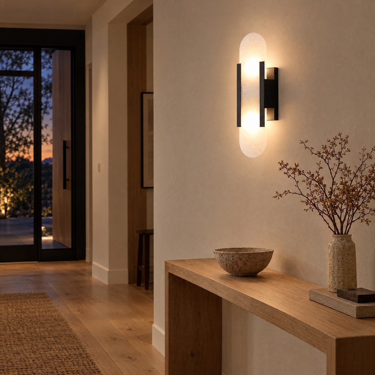 Alba Alabaster Wall Sconce in Black above an oak console in a Japandi entryway
