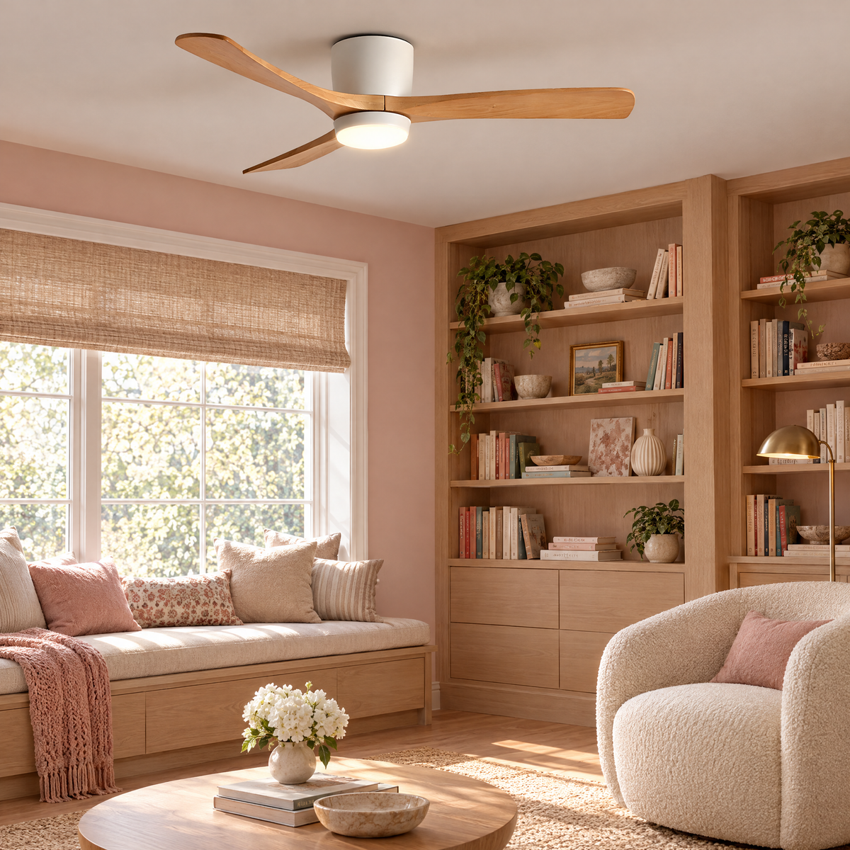 Aeris Wooden Ceiling Fan in White and Nature Wood in a reading room