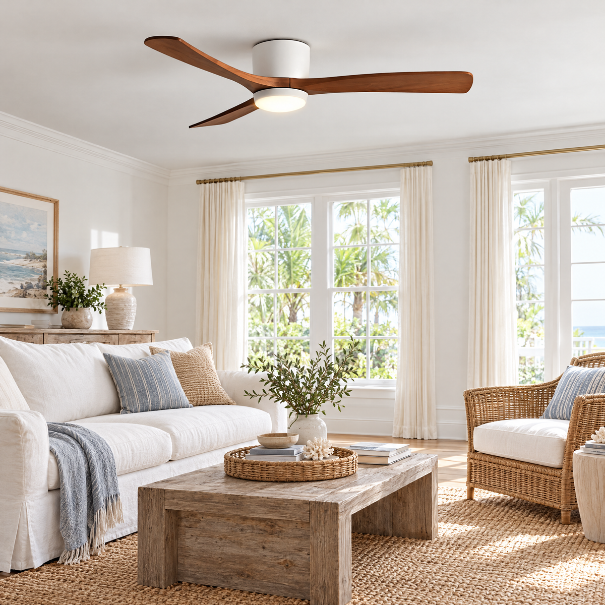 Aeris Wooden Ceiling Fan in White and Walnut Wood in a coastal living room