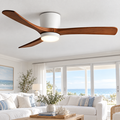 Aeris Wooden Ceiling Fan in White and Walnut Wood, close-up in a coastal living room