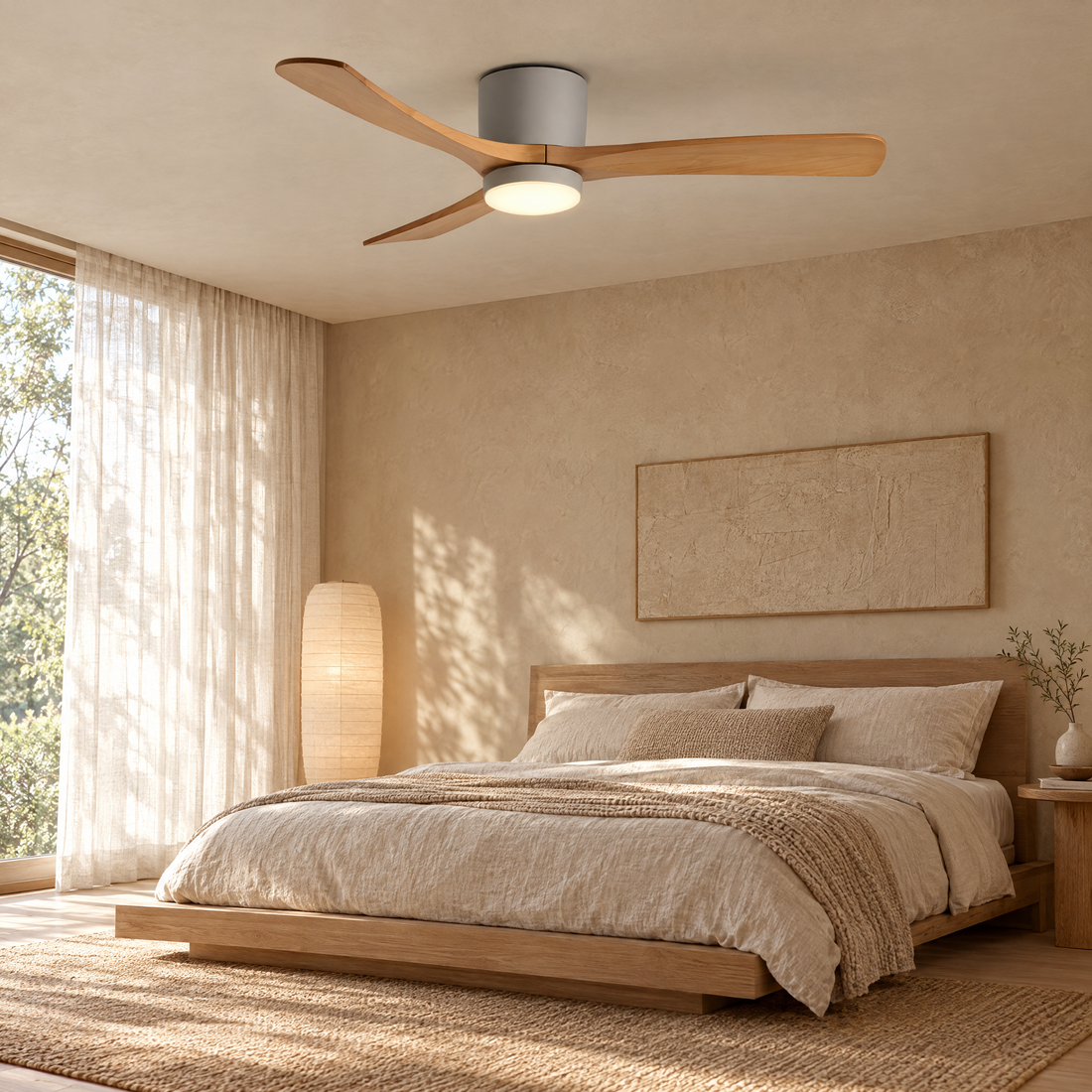 Aeris Wooden Ceiling Fan in Grey and Nature Wood in a Japandi bedroom