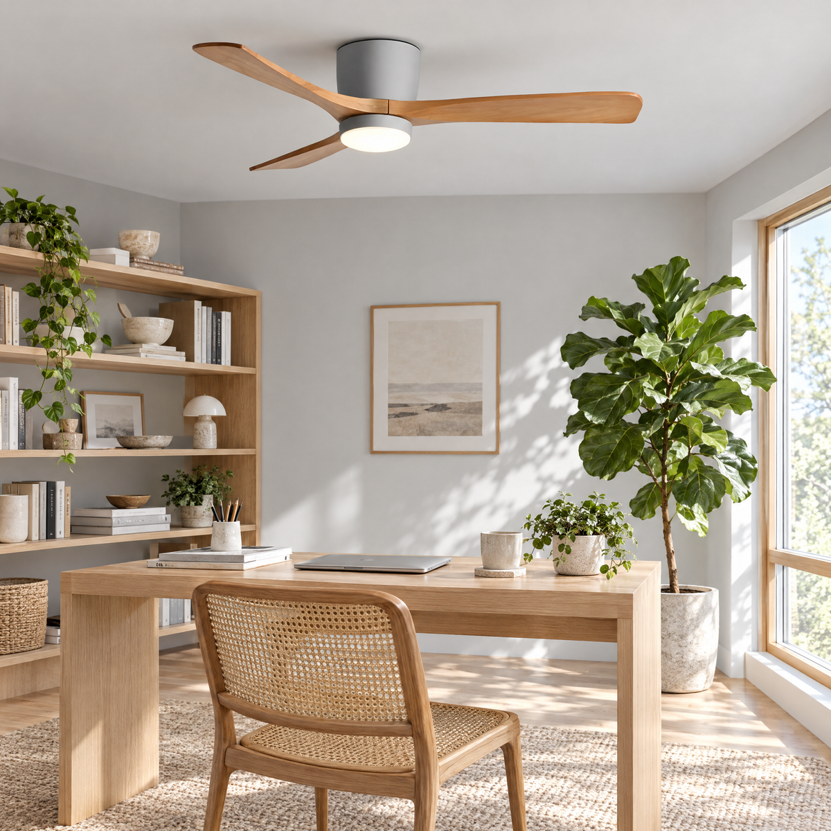 Aeris Wooden Ceiling Fan in Grey and Nature Wood above a Scandinavian home office
