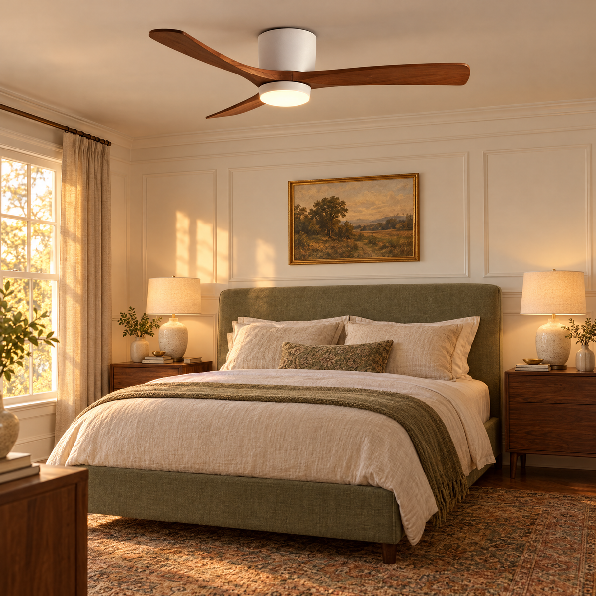 Aeris Wooden Ceiling Fan in White and Walnut Wood in a guest bedroom