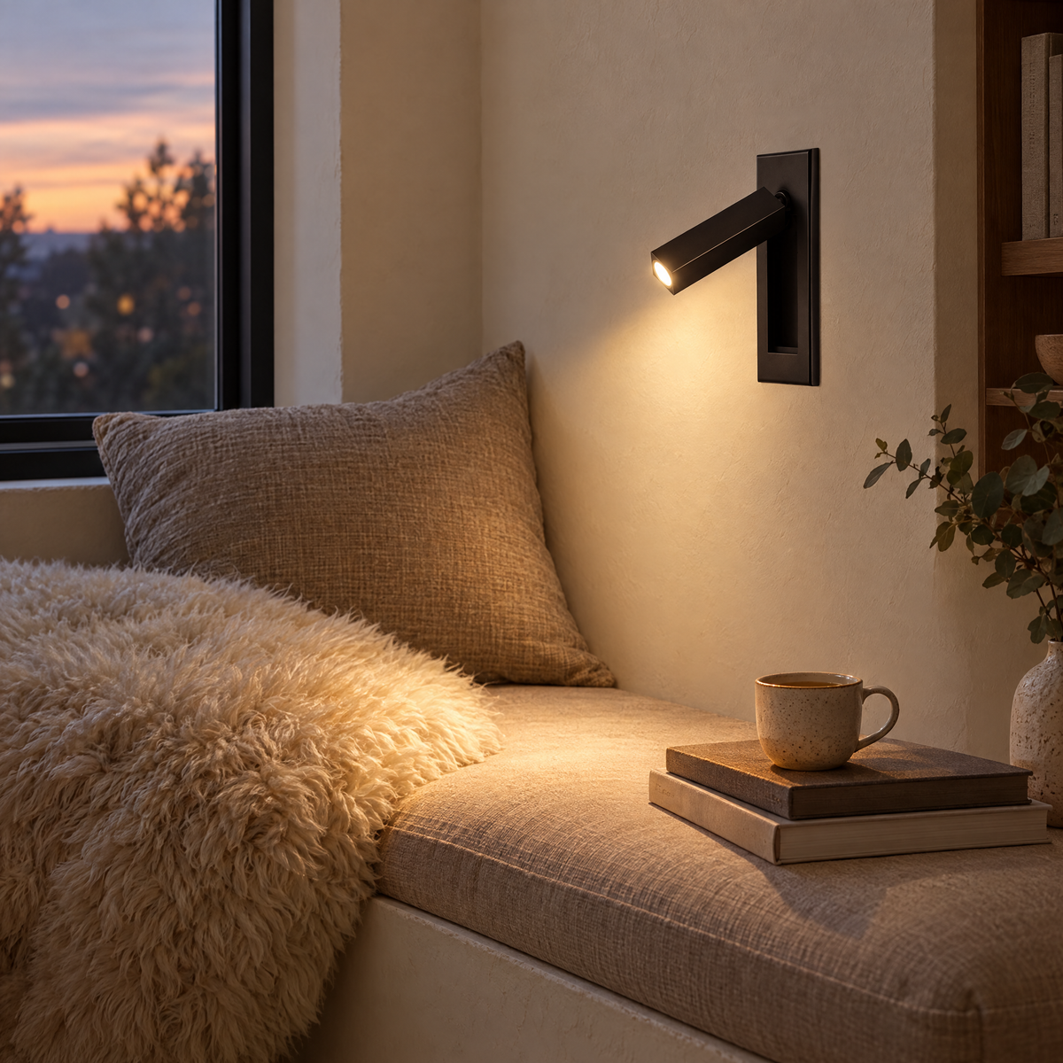 Lumo Recessed Reading Sconce in Matt Black above a reading nook