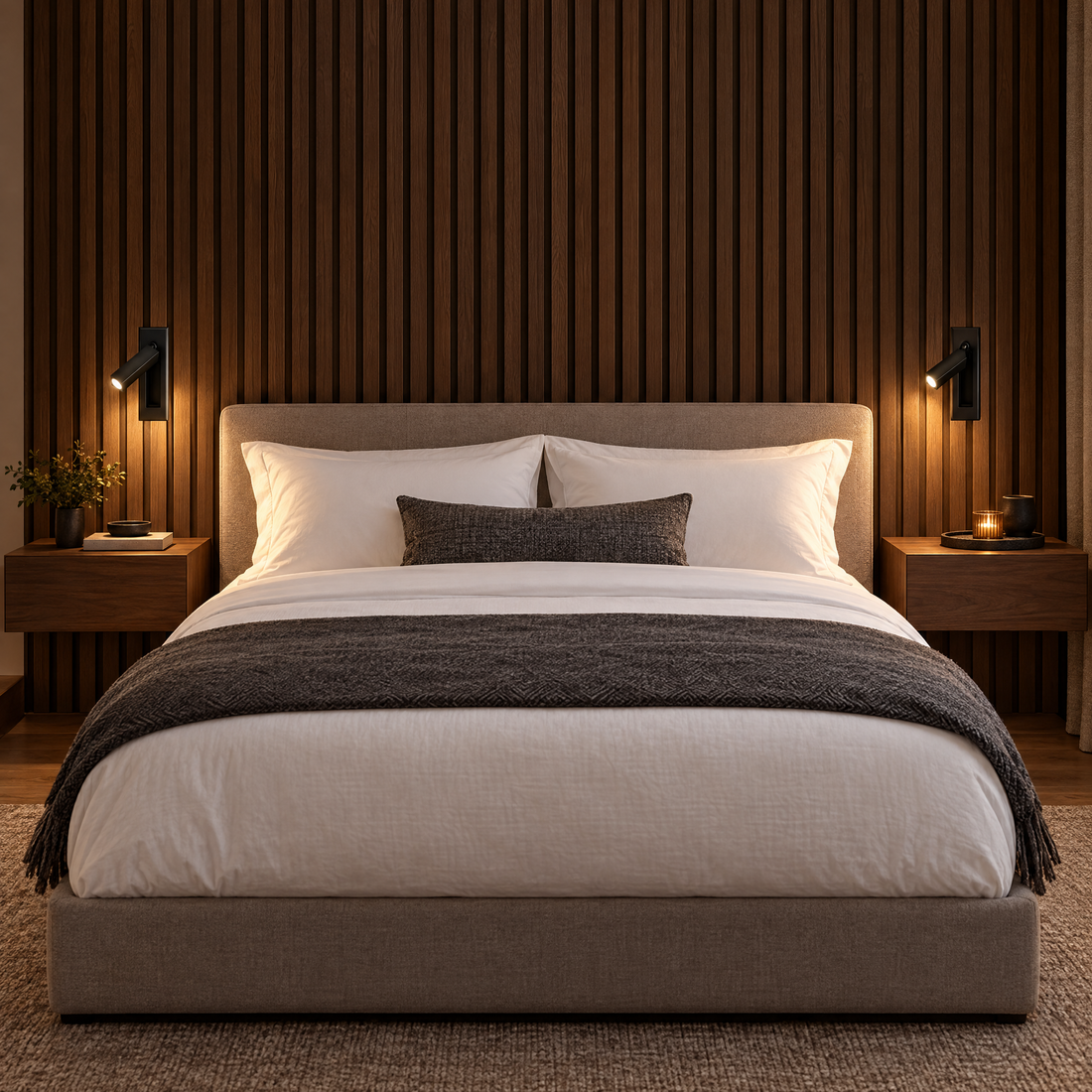 Pair of Lumo Recessed Bedside Reading Sconces in Matt Black on an oak slat wall