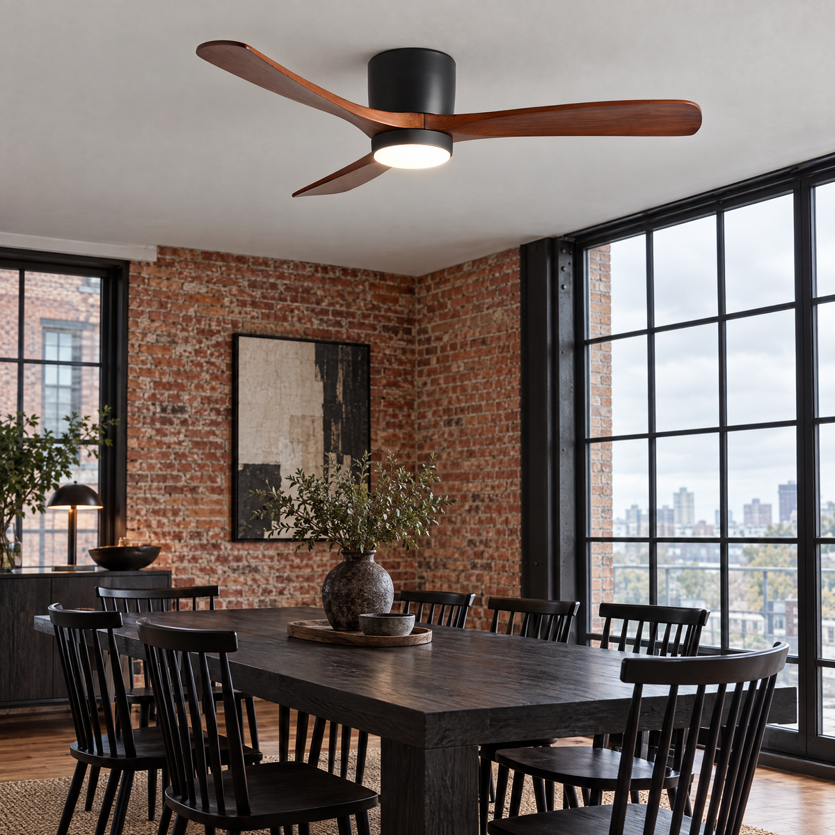 Aeris Wooden Ceiling Fan in Black and Walnut Wood above an industrial dining room