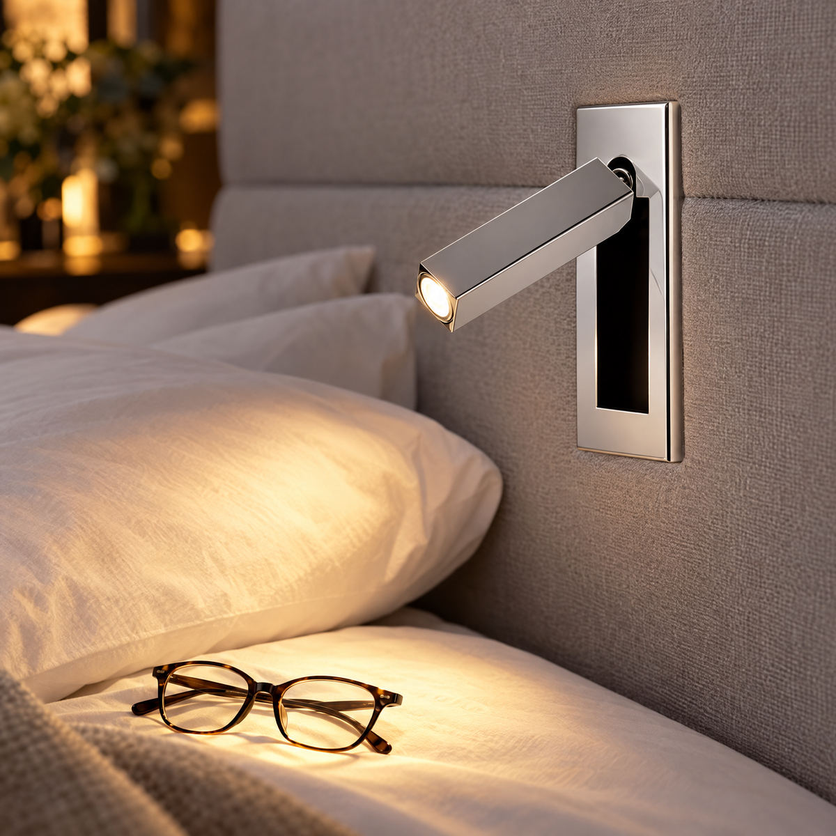 Lumo Recessed Bedside Reading Sconce in Chrome, close-up beside a bed
