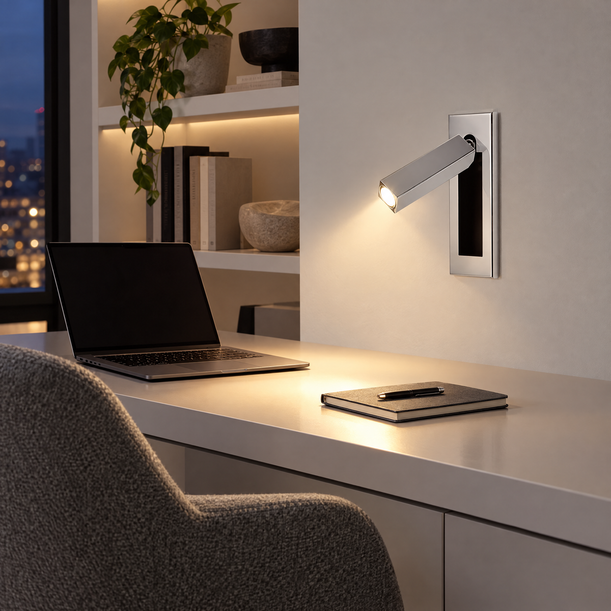 Lumo Recessed Reading Sconce in Chrome beside a home office desk