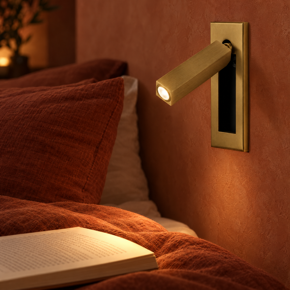 Lumo Recessed Bedside Reading Sconce in Copper, close-up beside a bed