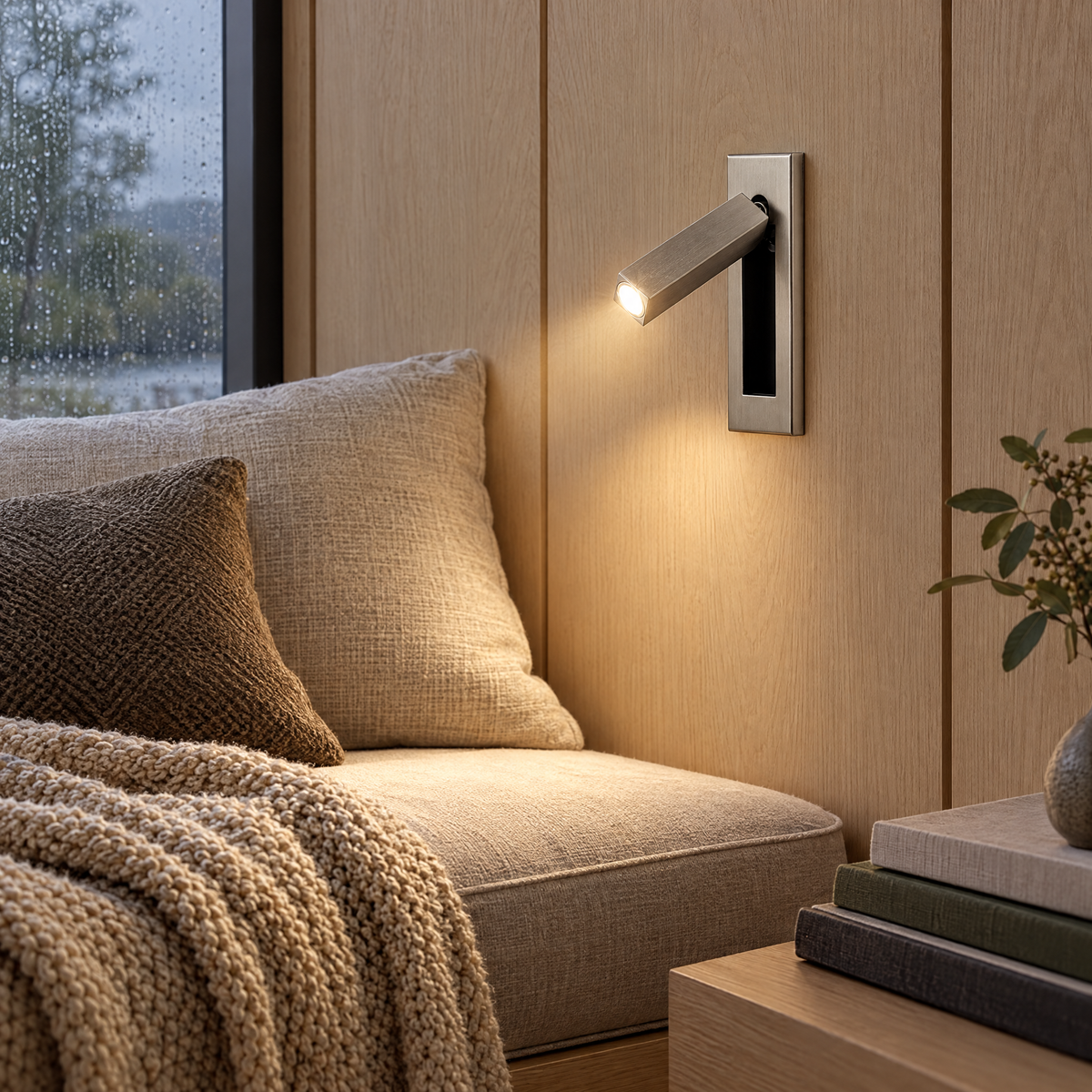 Lumo Recessed Reading Sconce in Nickel beside a daybed