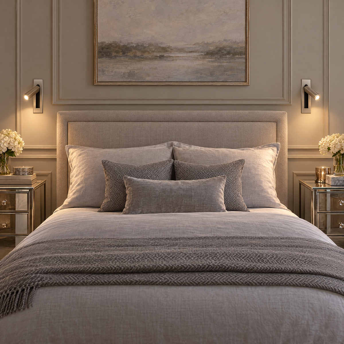 Pair of Lumo Recessed Bedside Reading Sconces in Nickel in a transitional bedroom