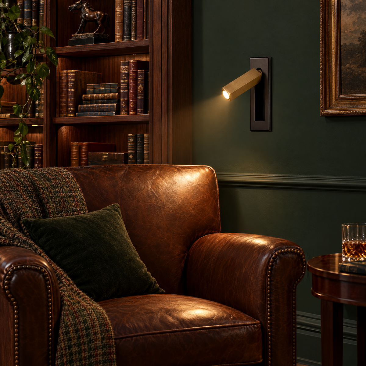 Lumo Recessed Reading Sconce in Matt Black and Copper above a leather chair in a library