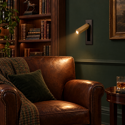 Lumo Recessed Reading Sconce in Matt Black and Copper above a leather chair in a library