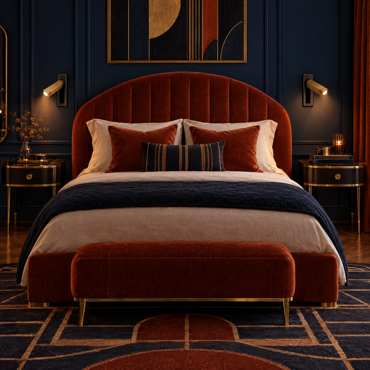 Pair of Lumo Recessed Bedside Reading Sconces in Matt Black and Copper in a navy bedroom