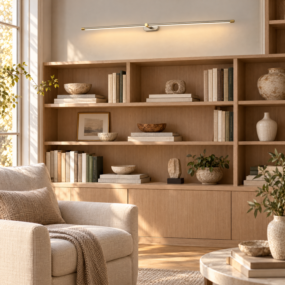 Kova Rechargeable Linear Wall Light in Nickel and Gold above shelving in a home study