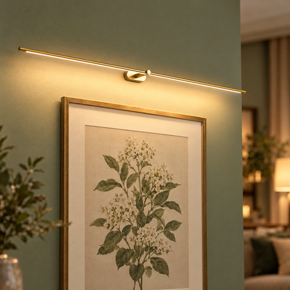 Kova Rechargeable Linear Wall Light in Gold, close-up above a botanical print
