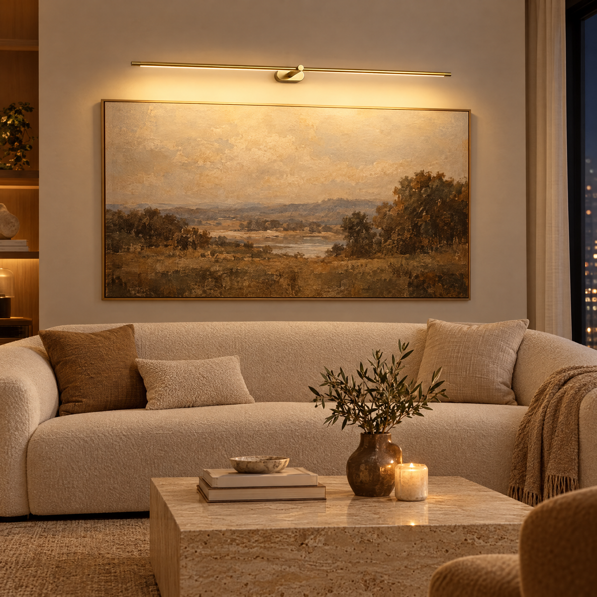 Kova Rechargeable Linear Wall Light in Gold above a painting in a living room