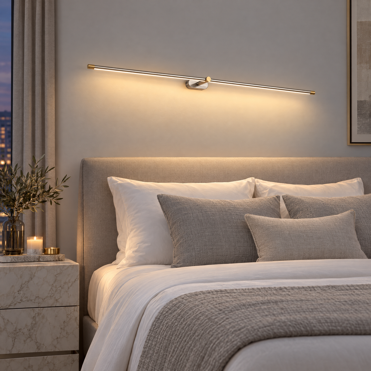 Kova Rechargeable Linear Wall Light in Nickel and Gold above a bed