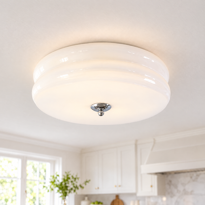 Gilda Art Deco Flush Mount Ceiling Light in Chrome and White, close-up on the ceiling