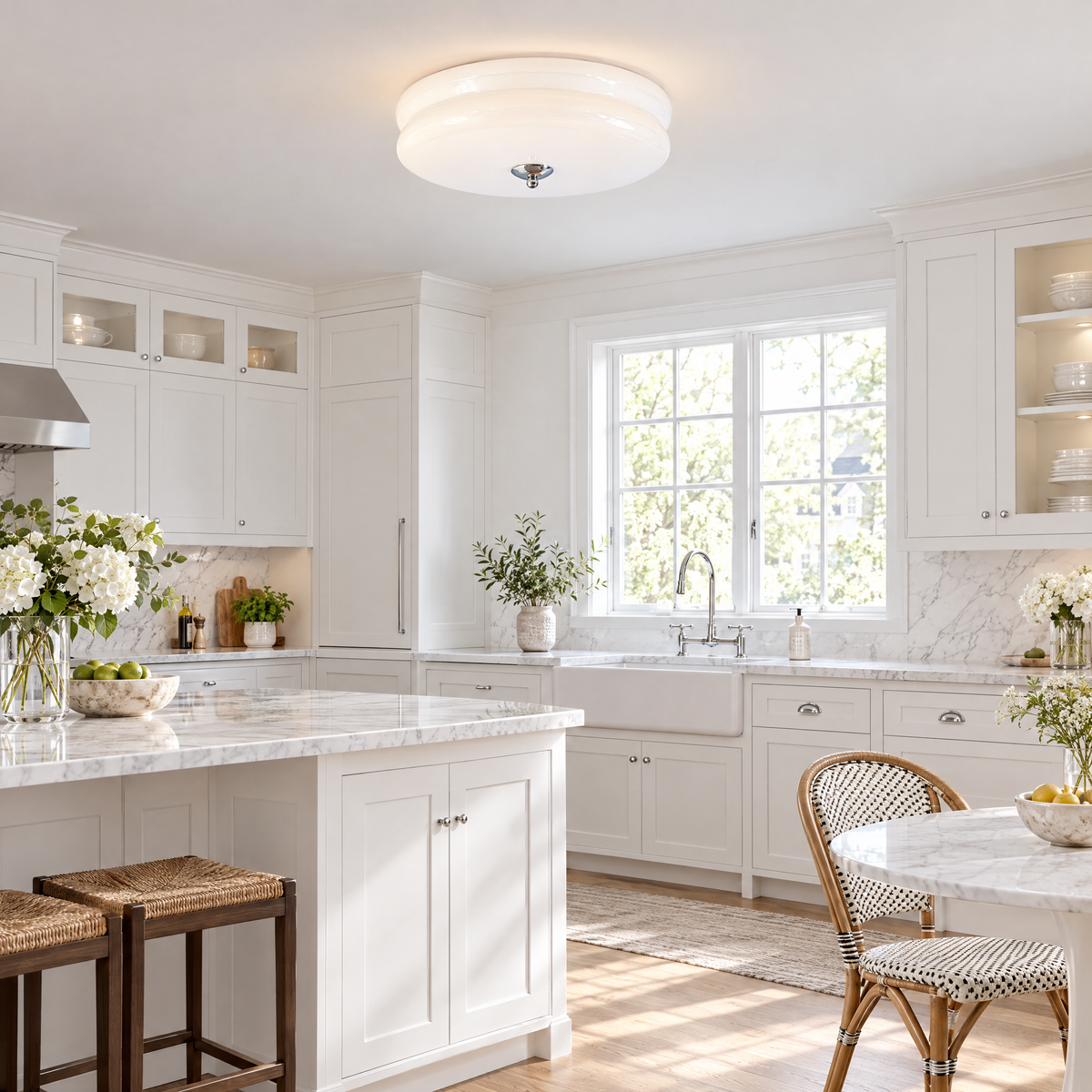 Gilda Art Deco Flush Mount Ceiling Light in Chrome and White in a bright kitchen