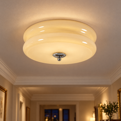 Gilda Art Deco Flush Mount Ceiling Light in Chrome and Beige, close-up on the ceiling