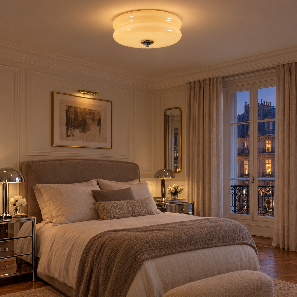 Gilda Art Deco Flush Mount Ceiling Light in Chrome and Beige in a Parisian bedroom