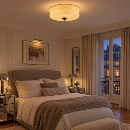 Gilda Art Deco Flush Mount Ceiling Light in Chrome and Beige in a Parisian bedroom