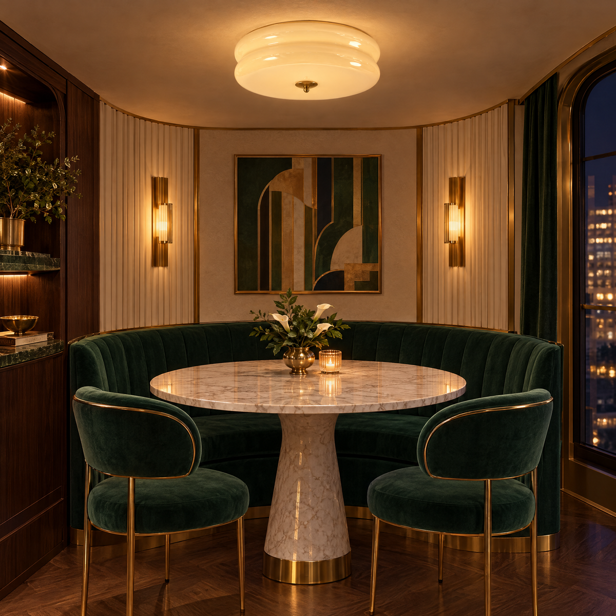 Gilda Art Deco Flush Mount Ceiling Light in Gold and Beige above an Art Deco dining nook