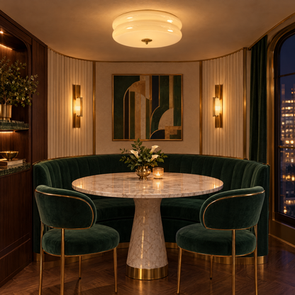 Gilda Art Deco Flush Mount Ceiling Light in Gold and Beige above an Art Deco dining nook