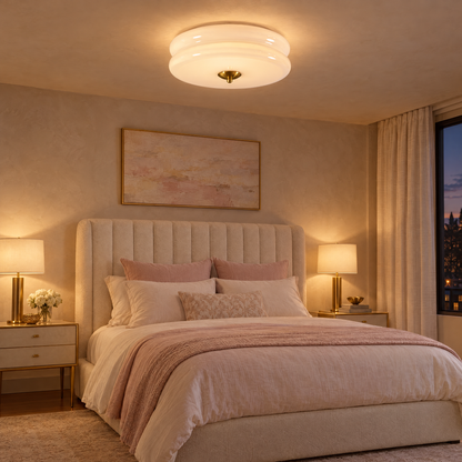 Gilda Art Deco Flush Mount Ceiling Light in Gold and White in a primary bedroom