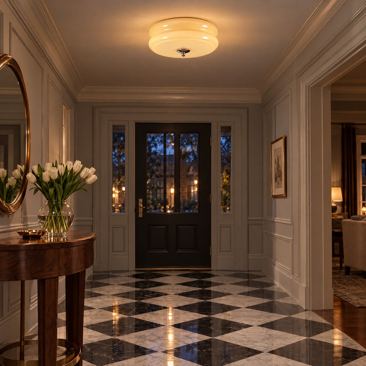 Gilda Art Deco Flush Mount Ceiling Light in Chrome and Beige in an entry hallway