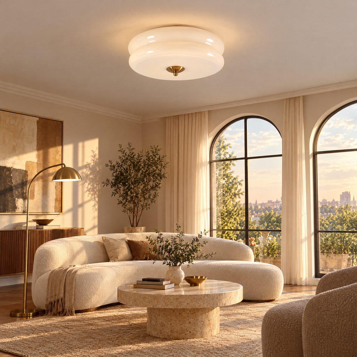 Gilda Art Deco Flush Mount Ceiling Light in Gold and White in a living room