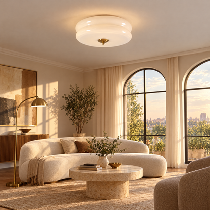 Gilda Art Deco Flush Mount Ceiling Light in Gold and White in a living room