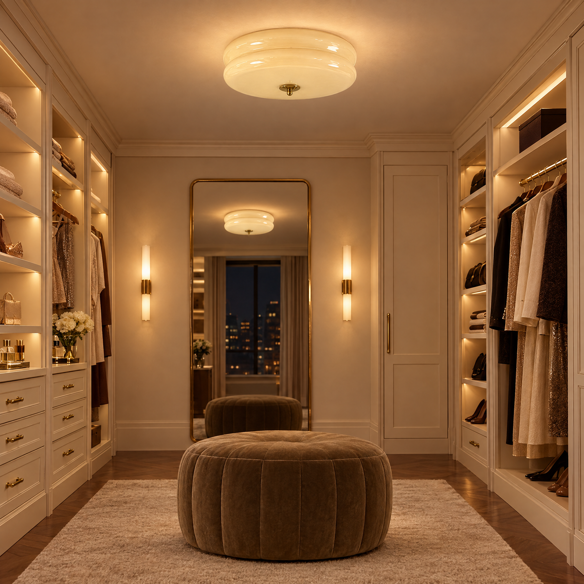 Gilda Art Deco Flush Mount Ceiling Light in Gold and Beige in a dressing room