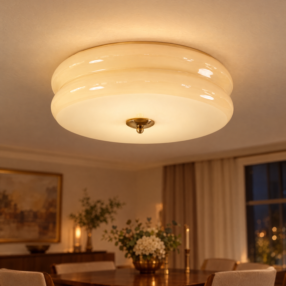 Gilda Art Deco Flush Mount Ceiling Light in Gold and Beige, close-up on the ceiling