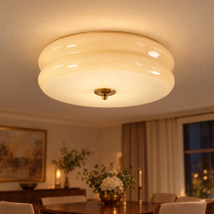 Gilda Art Deco Flush Mount Ceiling Light in Gold and Beige, close-up on the ceiling
